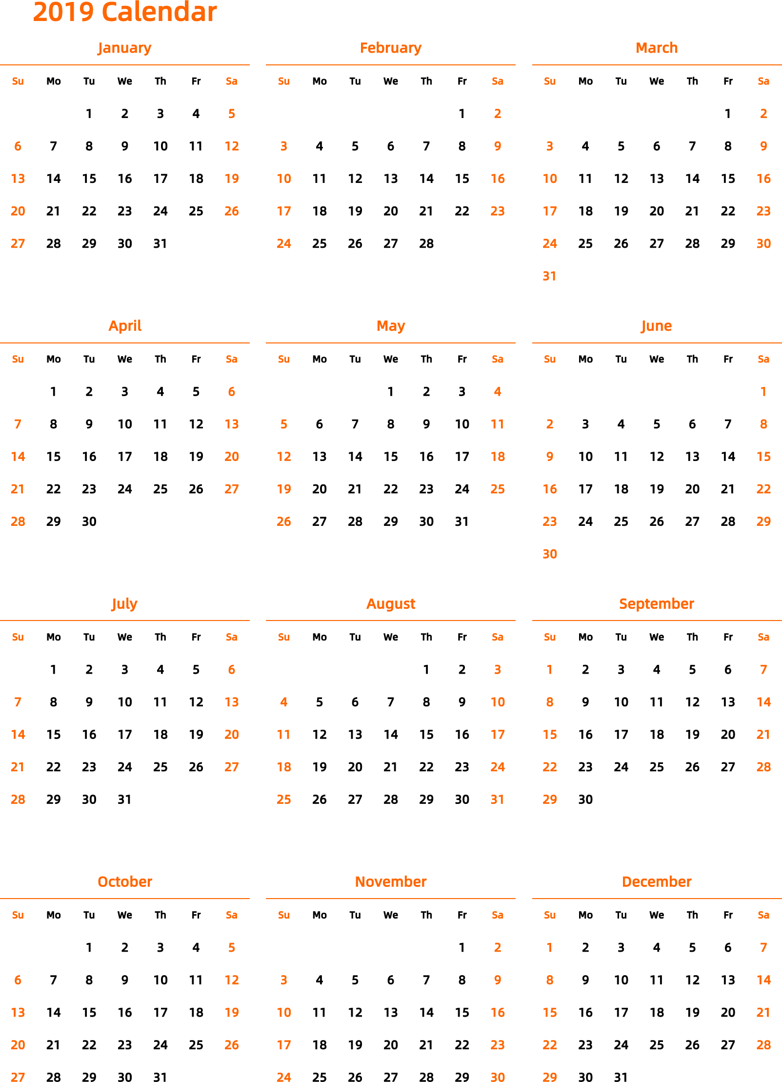 日历表2019年日历 英文版 纵向排版 周日开始